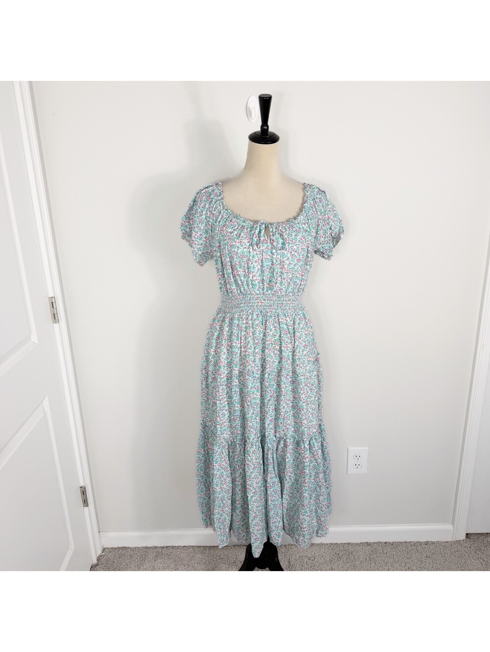 J.CREW Puff Sleeve Midi Dress In Floral Print Blue Pink Dainty Lined Size 8